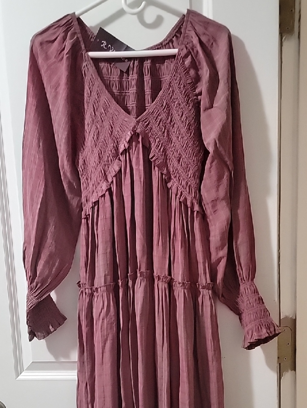 Smocked V-Neck Maxi Dress in Plum